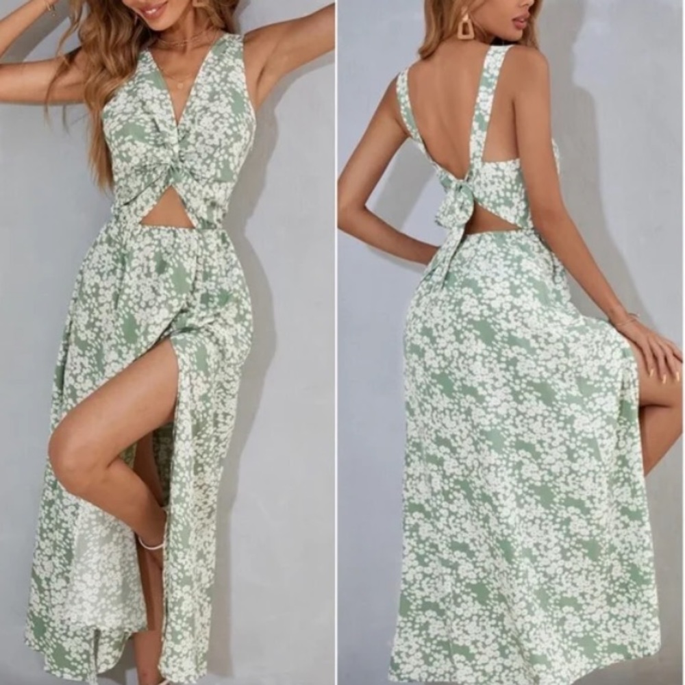Boho Mint Green Floral Print Cut out Sleeveless Maxi Dress - Picture 3 of 4